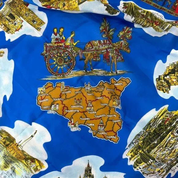 Vintage Italy Sicily Souvenir Scarf Blue Map Print Travel Tourist Square 25" - Picture 3 of 5